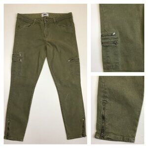 PAIGE Logo Hardware Fatigue Green Wash Faux Zip Pockets & Ankle Skinny Jeans